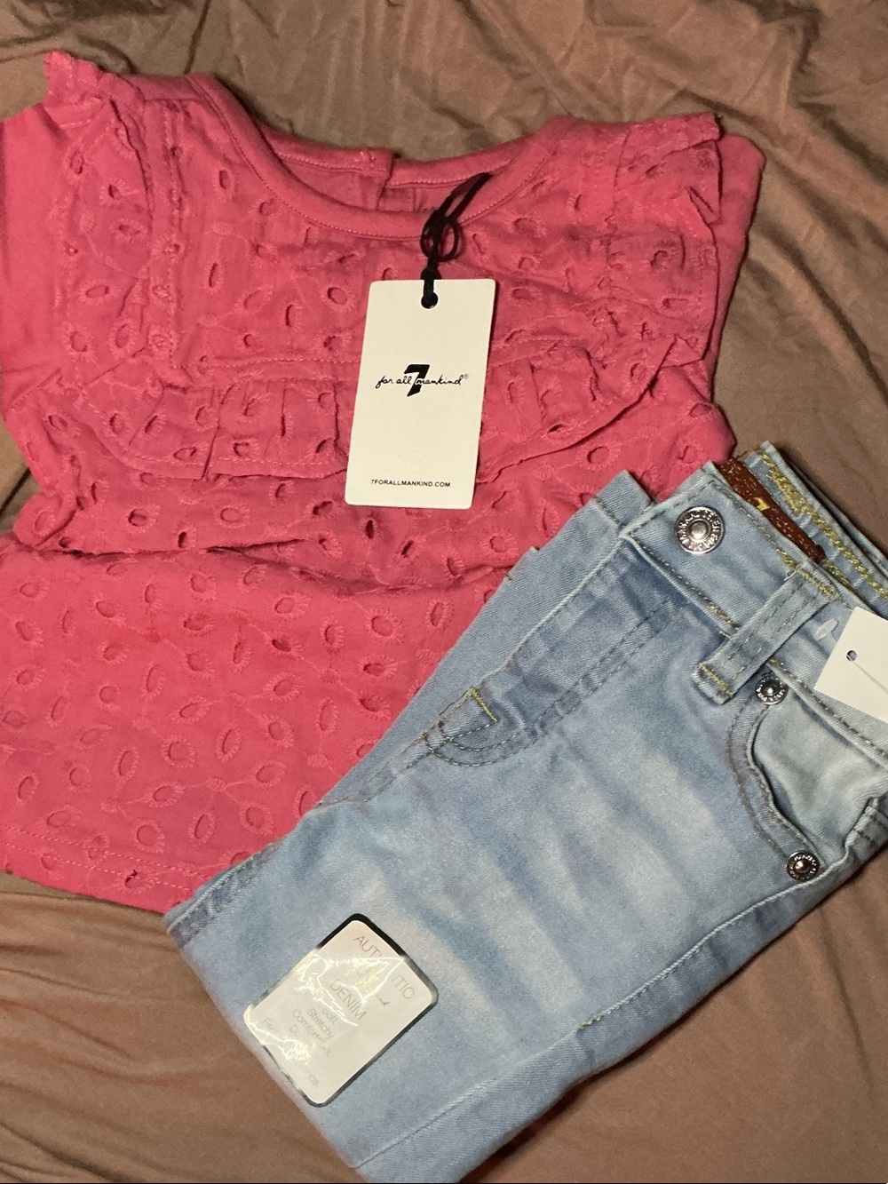 7 For All Mankind Pink Eyelet Ruffle Blouse with Light Wash Jeans